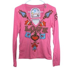 Johnny Was Joystick Pink "Love" Embroidered Hand Stitched Long Sleeve T-Shirt